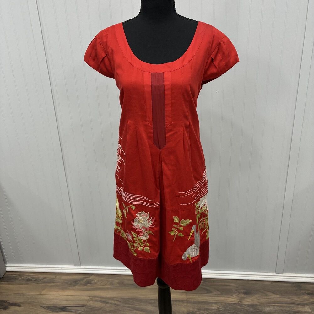 Anthropologie Floreat Women's Size 10 Red Embroidered Crane Dress Luxury Chic